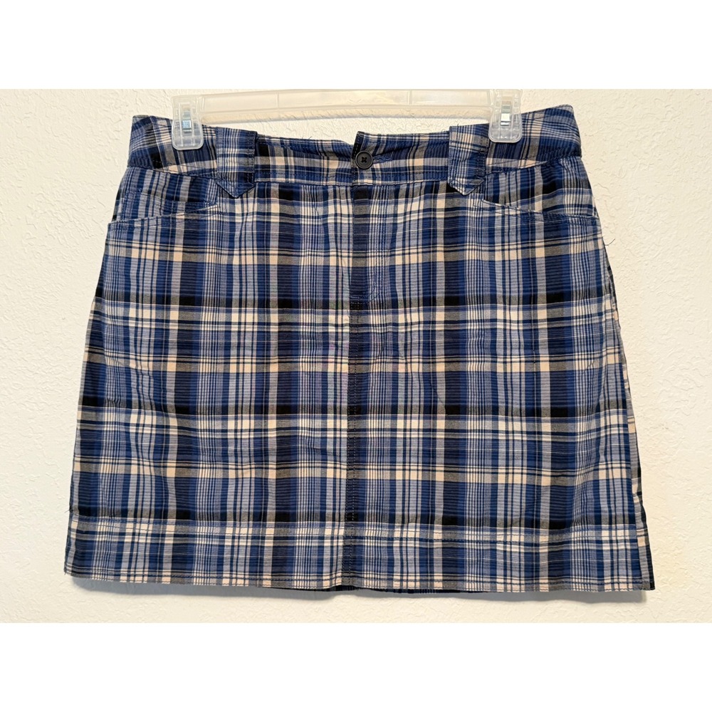 St. Johns Bay Blue Plaid Stretch Mini Skirt Womens Size 14 Cotton Blend